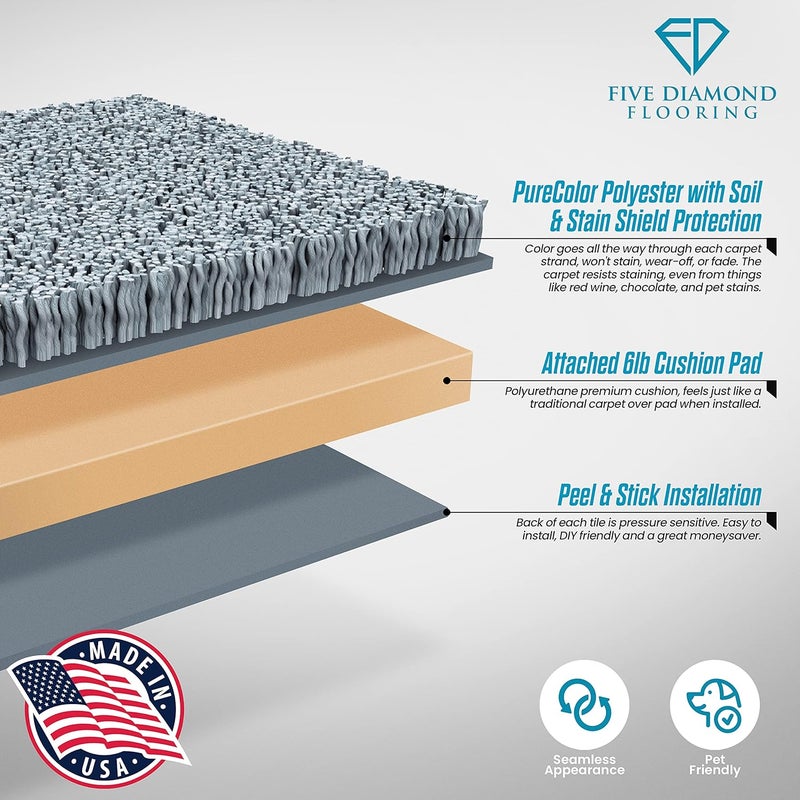 FIVE DIAMOND Eclipse Peel and Stick Carpet Tiles w/Attached Cushion, Easy DIY Install, Soft Residential Carpet, American Made, Seamless Appearance, Plush, Great for Area Rug (10 Tiles - 22.5 Square Feet, Sunset) - Image 4